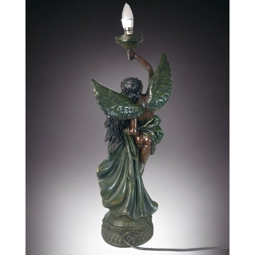 289 - A LARGE BRONZE FINISH RESIN TABLE LAMP. DEPICTING DRAPED EMBRACING COUPLE. PAINTED RESIN. 
63CM TALL