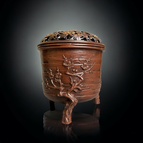 236 - A JAPANESE BRONZE TRIPOD CENSER.
NATURALISTIC TRUNK FEET LEADING TO PINE, CHERRY & BAMBOO TREES. THE... 