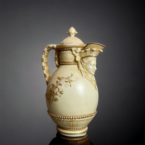 170 - A FINE ROYAL WORCESTER BLUSH MASK SPOUT EWER. WITH GILT RELIEF FOLIATE DESIGN. 
DATE CYPHER FOR 1886... 