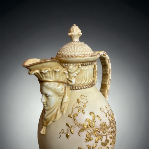 170 - A FINE ROYAL WORCESTER BLUSH MASK SPOUT EWER. WITH GILT RELIEF FOLIATE DESIGN. 
DATE CYPHER FOR 1886... 