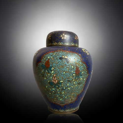 240 - A JAPANESE CLOISONNE LIDDED JAR.
MEIJI PERIOD.
12.5CM TALL