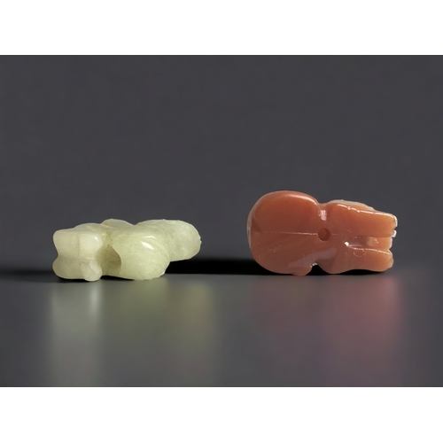 283 - TWO SMALL CHINESE CARVED RUSSET TYPE JADE PIXIU AND MONKEY.
MONKEY - 22 X 20 MM