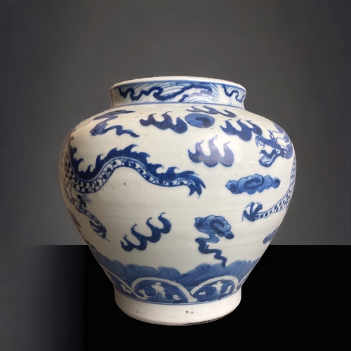 276 - A CHINESE PORCELAIN BALUSTER BLUE & WHITE VASE. HAND PAINTED WITH TWO DRAGONS CHASING PEARL AMONGST ... 