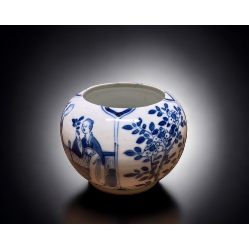 250A - A CHINESE QING DYNASTY BLUE & WHITE BRUSH POT / WASHER. HAND PAINTED WITH WOMAN IN A FENCED GARDEN B... 