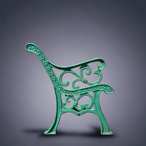 386 - A PAIR OF GREEN PAINTED CAST METAL GARDEN BENCH ENDS.