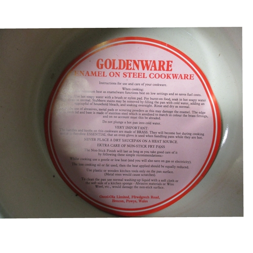 381A - A VINTAGE BOXED & UNUSED SET OF WELSH MADE 'GOLDENWARE' ENAMEL ON STEEL PAN SET.