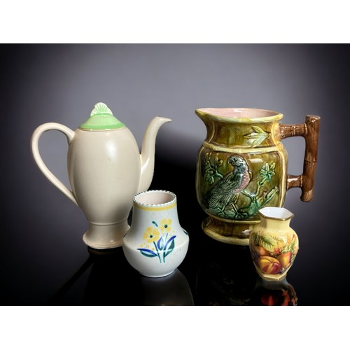 208 - A COLLECTION OF BRITISH POTTERY, INCLUDING CLARICE CLIFF, POOLE POTTERY, AYNSLEY AND MAW & CO MAJOLI... 