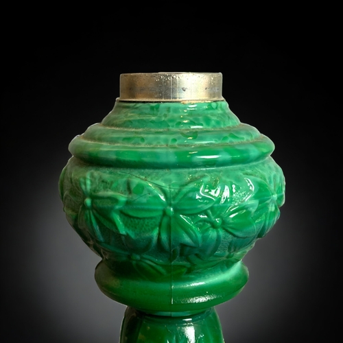 196 - A GREEN MALACHITE SLAG GLASS OIL LAMP BASE. POSSIBLY BY SOWERBY. 
21.5CM TALL