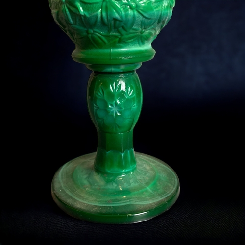 196 - A GREEN MALACHITE SLAG GLASS OIL LAMP BASE. POSSIBLY BY SOWERBY. 
21.5CM TALL