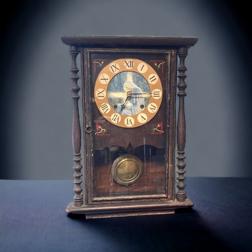 295 - A LATE VICTORIAN / EDWARDIAN WALL CLOCK. 
WITH HAND PAINTED 'MOTHER & CHILD' DIAL. 
54 X 40 CM