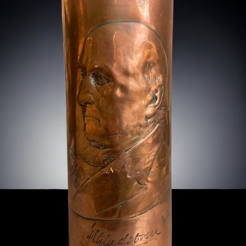 170 - A 19TH CENTURY COPPER TRENCH ART VASE, DEPICTING PORTRAIT OF WILLIAM GLADSTONE.
SIGNED & DATED FOR 1... 