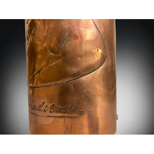 170 - A 19TH CENTURY COPPER TRENCH ART VASE, DEPICTING PORTRAIT OF WILLIAM GLADSTONE.
SIGNED & DATED FOR 1... 