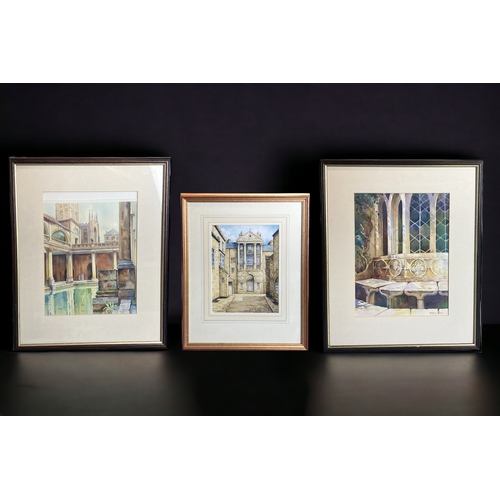 8 - THREE SCENES OF BATH WATERCOLOUR PAINTINGS. 
LARGEST 55 X 45CM (INCL FRAME).