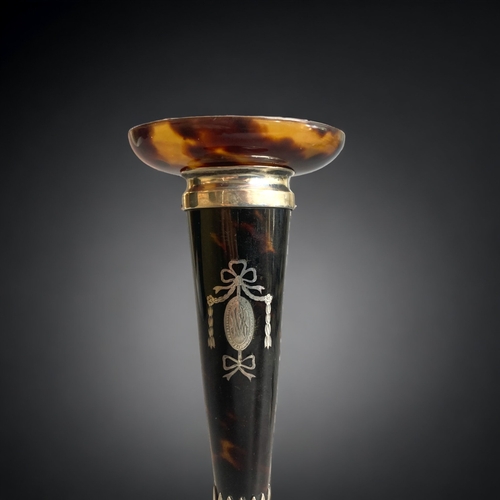 91 - A FINE QUALITY PAIR OF SILVER & TORTOISESHELL CANDLESTICKS.
BY WILLIAM COMYNS & SONS. 
INLAID RIBBON... 