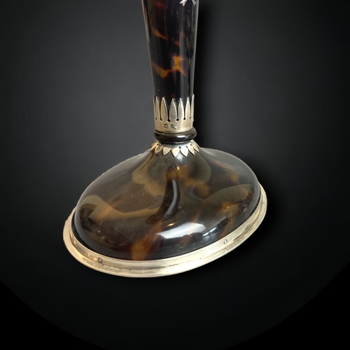 91 - A FINE QUALITY PAIR OF SILVER & TORTOISESHELL CANDLESTICKS.
BY WILLIAM COMYNS & SONS. 
INLAID RIBBON... 