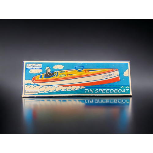 447 - A VINTAGE SCHYLLING TIN SPEED BOAT. 
BOXED.