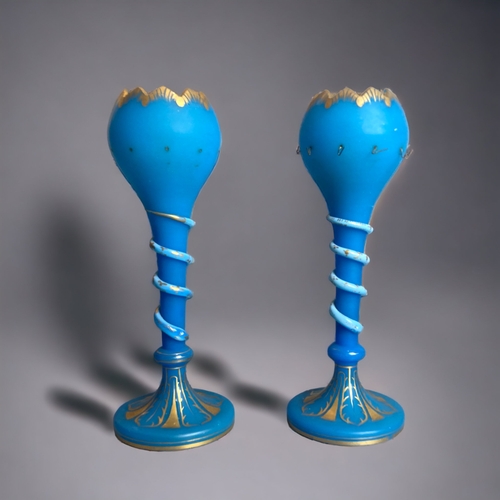 215 - A PAIR OF VICTORIAN CONTINENTAL SATIN GLASS LUSTRES. THE STEM ENTWINED WITH A SNAKE. WITH 10 LUSTRE ... 