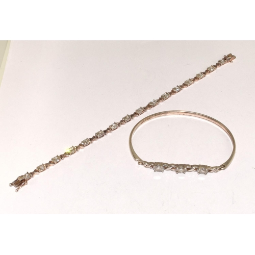 181 - 925 silver solid bangle with 3 stone decoration together a stone set similar bracelet