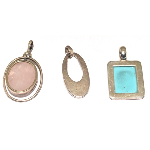 90 - 3 x 925 silver pendants 1 turquoise, 1 pink quarts, 1 solid