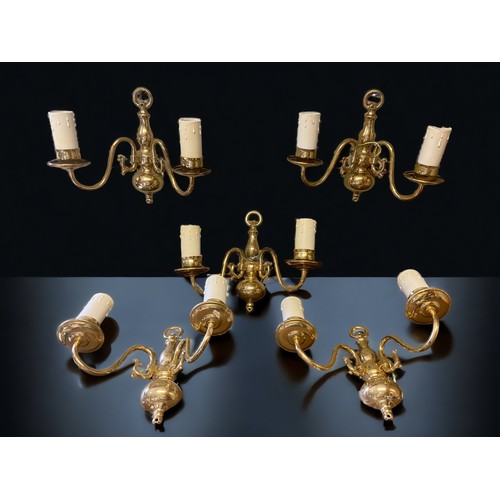 394 - A SET OF FIVE BRASS TWIN BRANCH WALL LIGHTS. 1ST-HALF 20TH CENTURY.
WITH SHADES.