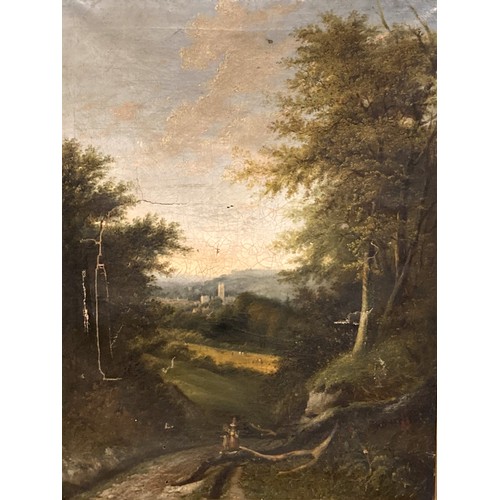 19 - A LARGE 19TH CENTURY OR EARLIER OIL ON CANVAS LANDSCAPE PAINTING.
DEPICTING A RURAL LANDSCAPE SCENE.... 