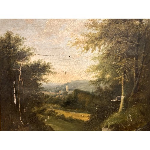 19 - A LARGE 19TH CENTURY OR EARLIER OIL ON CANVAS LANDSCAPE PAINTING.
DEPICTING A RURAL LANDSCAPE SCENE.... 