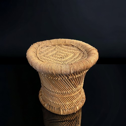 3 - A RATTAN STOOL, TOGETHER WITH TWO BASKETS.