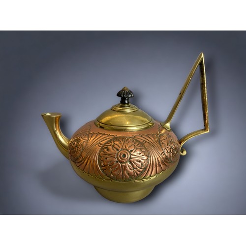 334 - A LATE 19TH CENTURY AESTHETIC PERIOD COPPER AND BRASS TEA POT. BY WILLIAM SOUTTER & SONS. DESIGN IN ... 