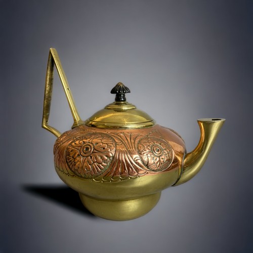 334 - A LATE 19TH CENTURY AESTHETIC PERIOD COPPER AND BRASS TEA POT. BY WILLIAM SOUTTER & SONS. DESIGN IN ... 