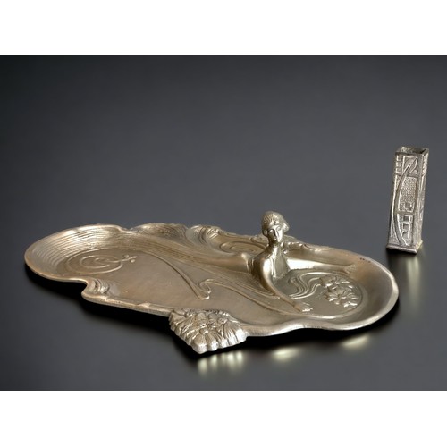 335 - AN ART NOUVEAU  STYLE PEWTER TRAY, TOGETHER WITH A MACKINTOSH STYLE SPILL VASE.
TRAY - 34.5CM LONG