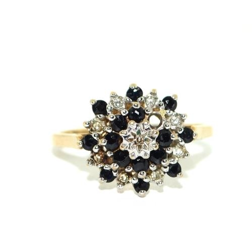 8 - 9ct gold ladies Sapphire and Diamond centre cluster ring size P