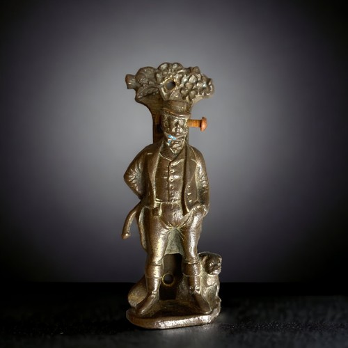 122 - A 19TH C MINITURE BRONZE FOLDING TRIPOD TABLE, A COLD PAINTED BRONZE DOG, A JOHN BULL DOOR KNOCKER, ... 