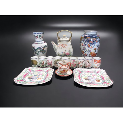 327 - A COLLECTION OF JAPANESE AND CHINESE CERAMICS, INCLUDING A TEA POT AND STAND, VASES, PLATES & CUPS.