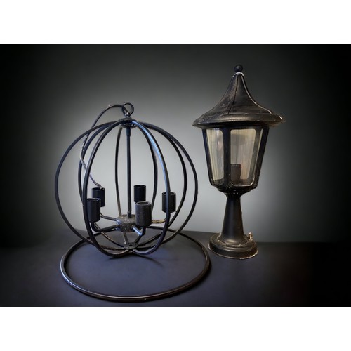 400 - A VINTAGE BLACK PAINTED LAMP, TOGETHER WITH A CEILING LIGHT.