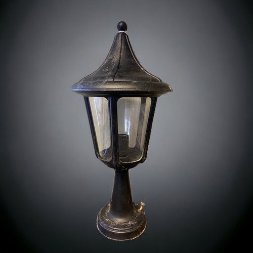 400 - A VINTAGE BLACK PAINTED LAMP, TOGETHER WITH A CEILING LIGHT.