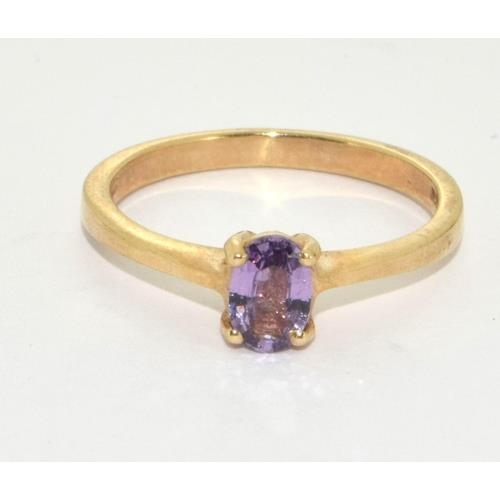 54 - 9ct gold ladies Amethyst solitaire ring size M