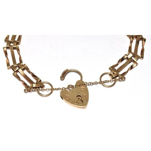 212 - 9ct gold 3 bar gate bracelet with lock and safety chain 19cm long 8.2g