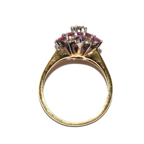 32 - 18ct gold antique set Diamond and Ruby star burst ring 4.5g size M