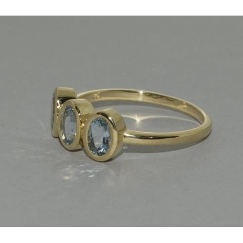 160 - A 9ct gold aquamarine three stone ring Size P