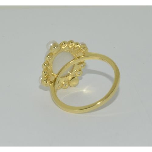 264 - Silver gilt type A blue jadeite and pearl ring. Size P 1/2.