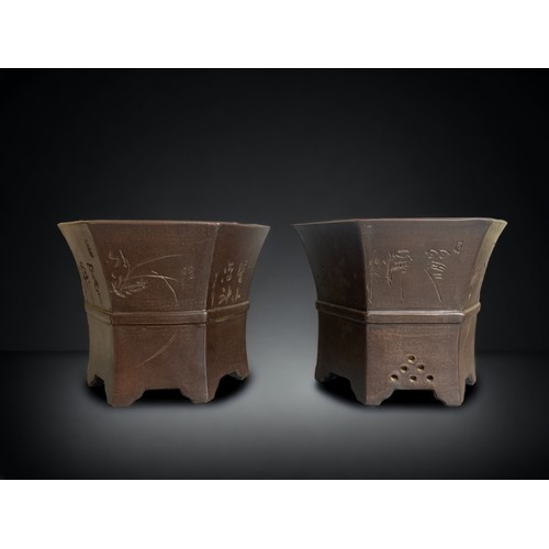 304 - A PAIR OF CHINESE YIXING ZISHA BONSAI PLANTERS.
HEXAGONAL FORM, WITH REPEATING PANELS OF BAMBOO & OR... 