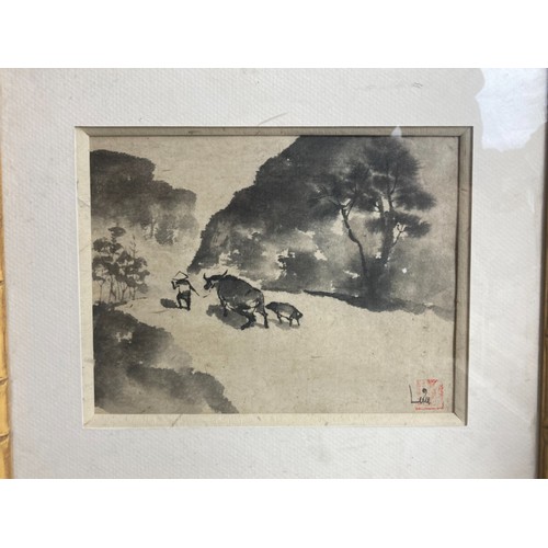 280 - A PAIR OF MID-CENTURY CHINESE INK WASH PAINTINGS. 
IN BAMBOO STYLE FRAMES.