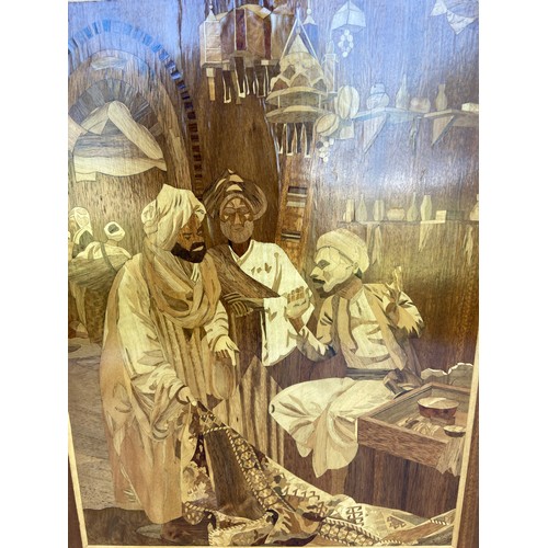 375 - A VINTAGE B. MASSEY INLAID MARQUETRY PANEL. TITLED 'THE CARPER SELLER'.
22