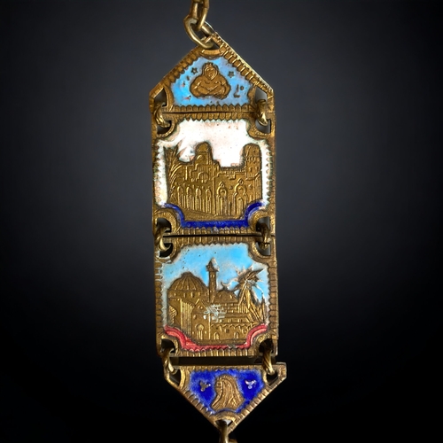 190 - A RARE PERSIAN GRAND TOUR BRASS & ENAMEL FOB CHAIN.
CIRCA 1900.
EACH LINK INDIVIDUALLY DECORATED WIT... 