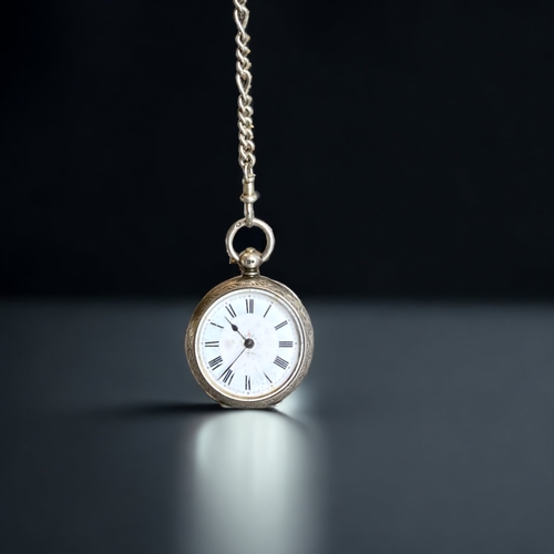 191 - A VICTORIAN LADIES STERLING SILVER POCKET WATCH, WITH CHAIN & KEY.
CHESTER HALLMARKS. 
38MM DIAMETER... 