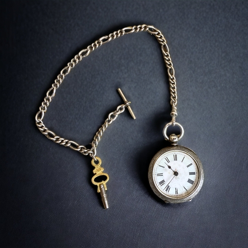 191 - A VICTORIAN LADIES STERLING SILVER POCKET WATCH, WITH CHAIN & KEY.
CHESTER HALLMARKS. 
38MM DIAMETER... 