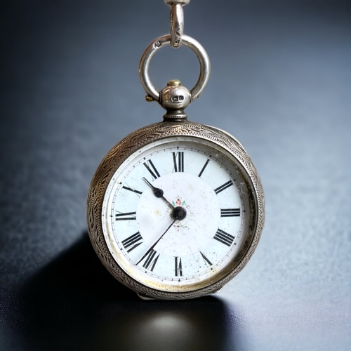 191 - A VICTORIAN LADIES STERLING SILVER POCKET WATCH, WITH CHAIN & KEY.
CHESTER HALLMARKS. 
38MM DIAMETER... 