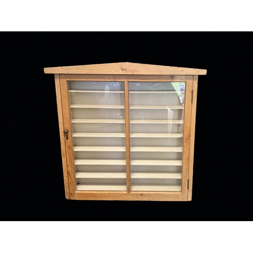 25 - A LARGE SOLID PINE MOUNTED DISPLAY CABINET. 
RESTORED SHELVES AND EXTENDED BACK.