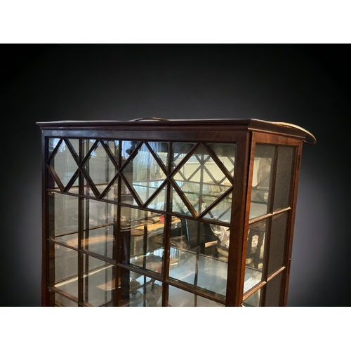 28 - A DRUCE & CO, LONDON MAHOGANY DISPLAY CABINET. WITH GLAZED PANELS &  MIRROR BACKED. WITH LIGHTING. L... 