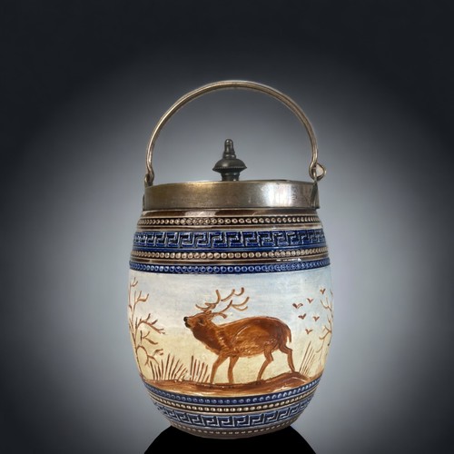 311 - A ROYAL DOULTON STYLE STONEWARE TOBACCO / BISCUIT BARREL.  INCISED & PAINTED STAG PATTERN.
13CM TALL... 